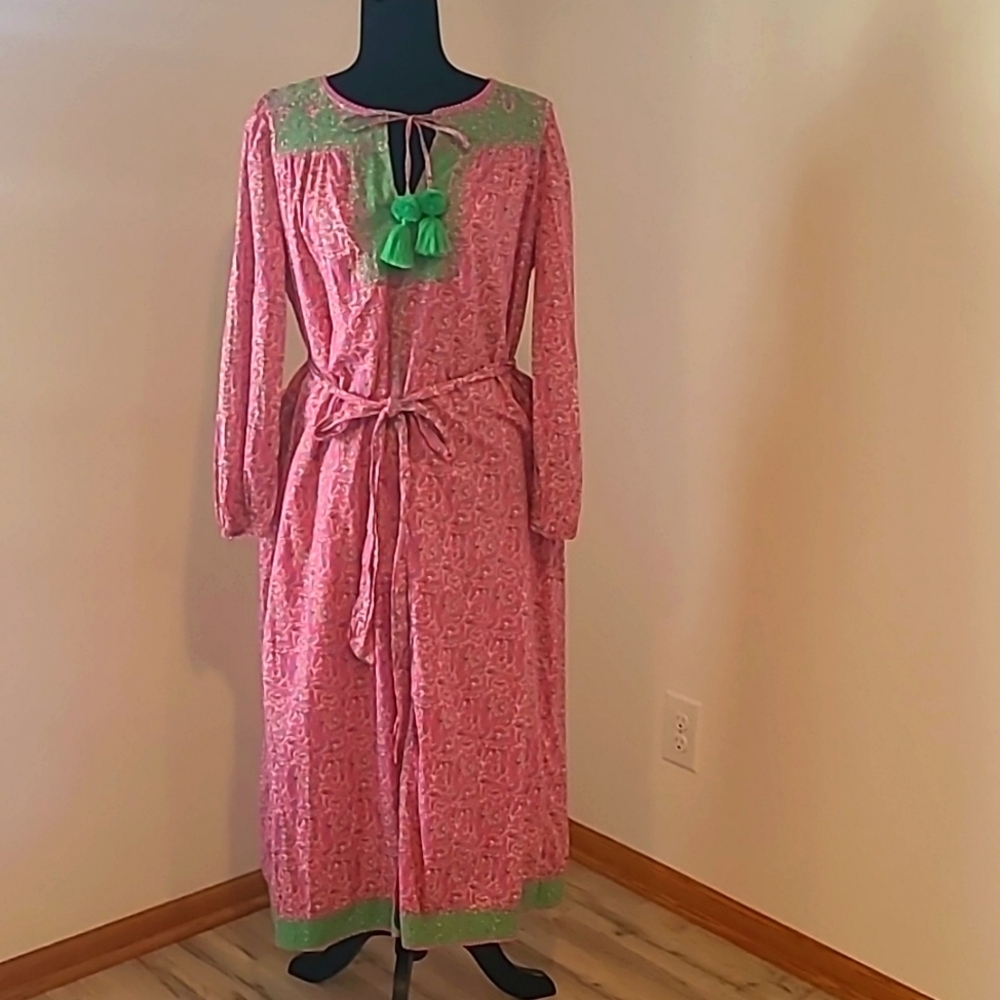 J crew pink vines tunic midi dress long needlepoint embroidery and tassel M